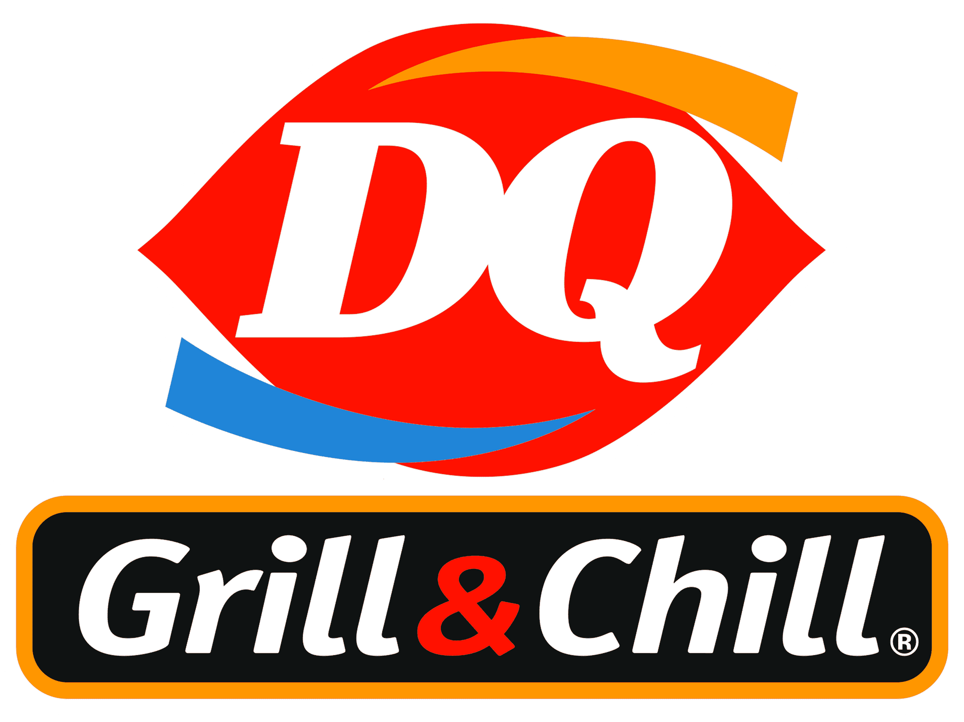 Dairy Queen Grill & Chill logo with red DQ letters and black, orange, and blue background
