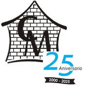 Logotipo que celebra el 25º aniversario de CM, que presenta el contorno de una casa con diseño de ladrillos con las letras 
