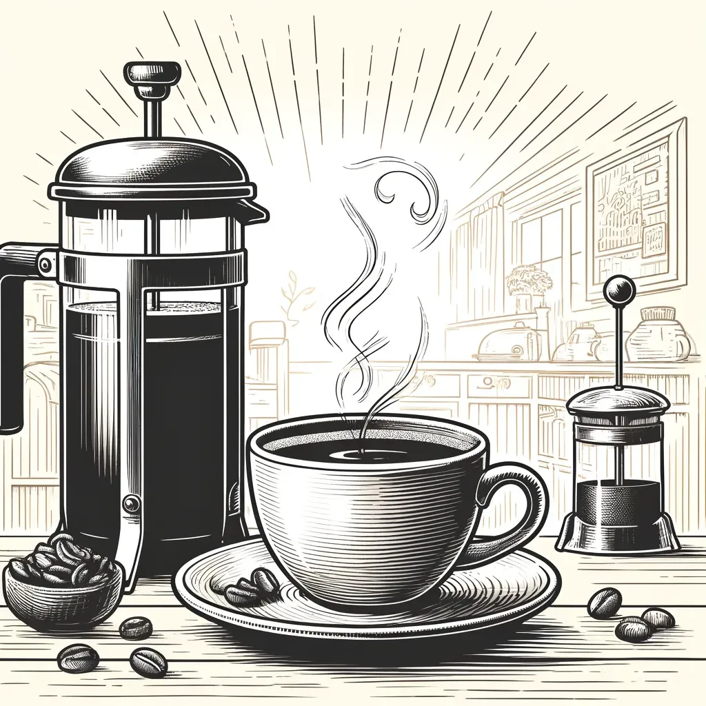 A black and white drawing of a cup of coffee on a saucer next to a french press and coffee beans.