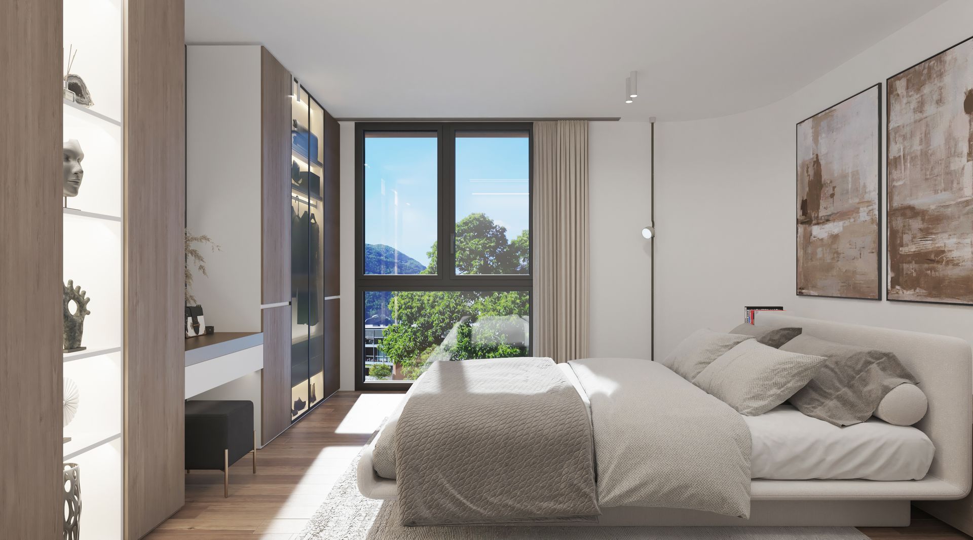 Una camera da letto con un letto matrimoniale e una grande finestra.