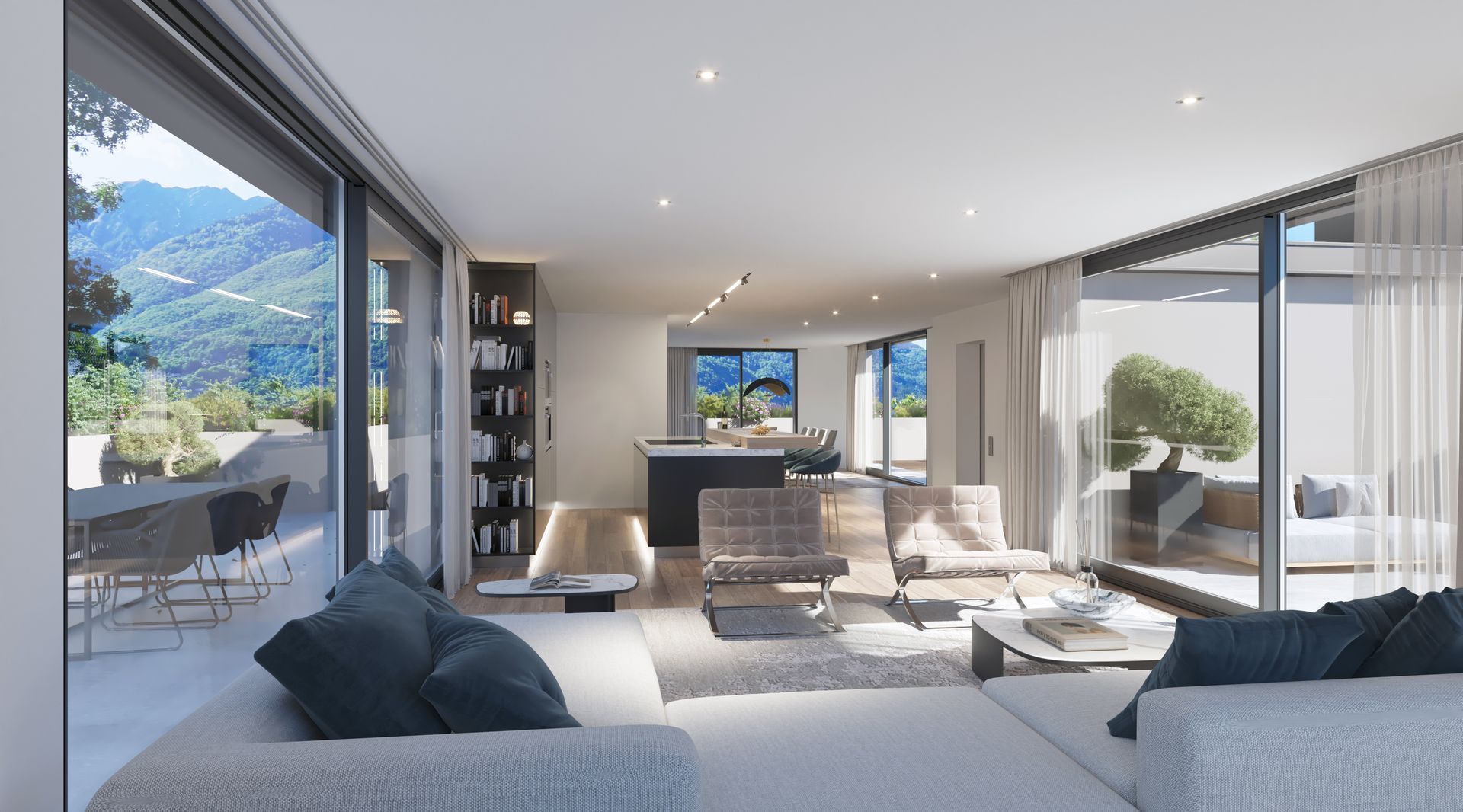 Un soggiorno con molte finestre e un divano