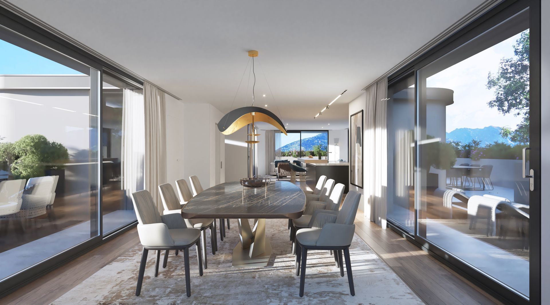 Rendering di una sala da pranzo con un grande tavolo, sedie e vetrate su delle terrazze
