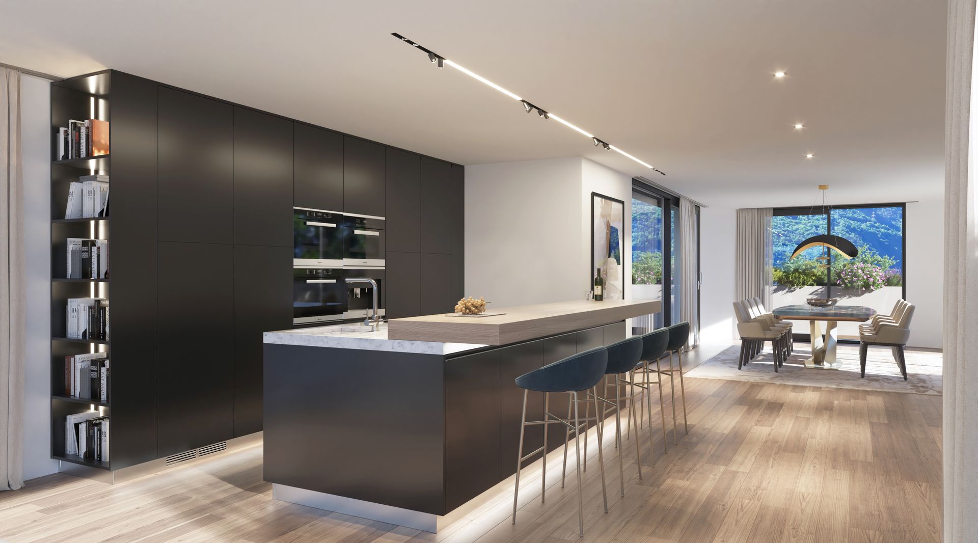 Rendering di una cucina e di una sala da pranzo