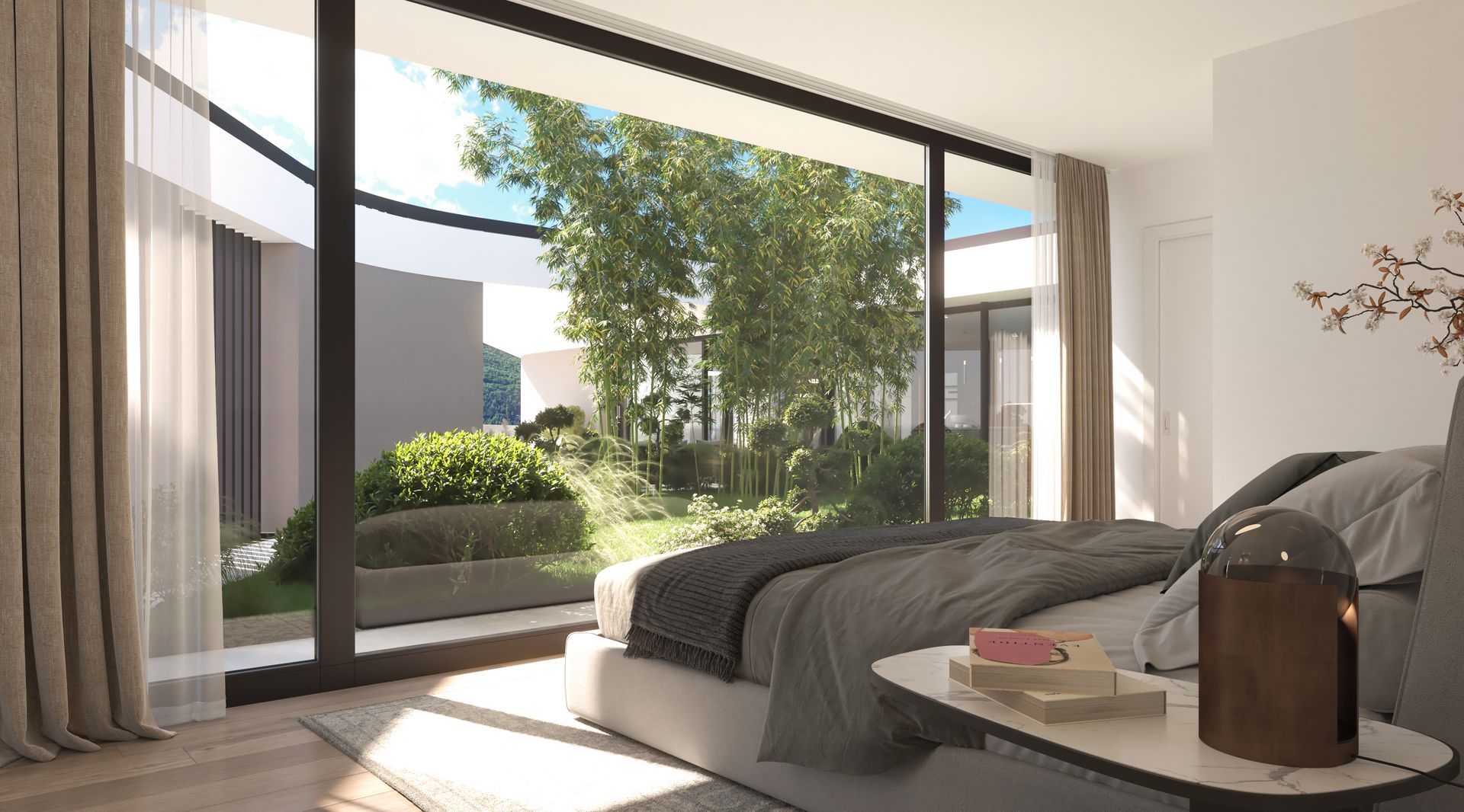 Una camera da letto con un letto matrimoniale e una grande finestra sul patio allestito con tante piante