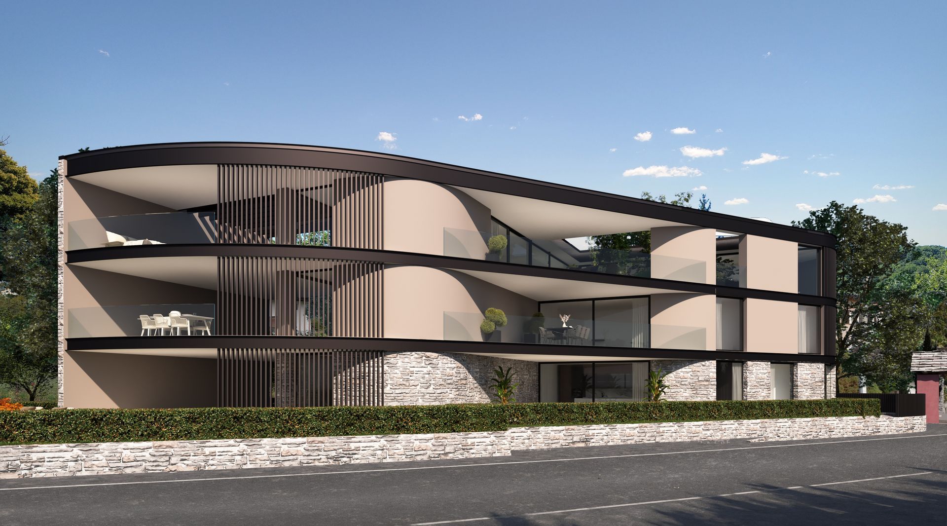 Rendering di una casa moderna con tetto curvo