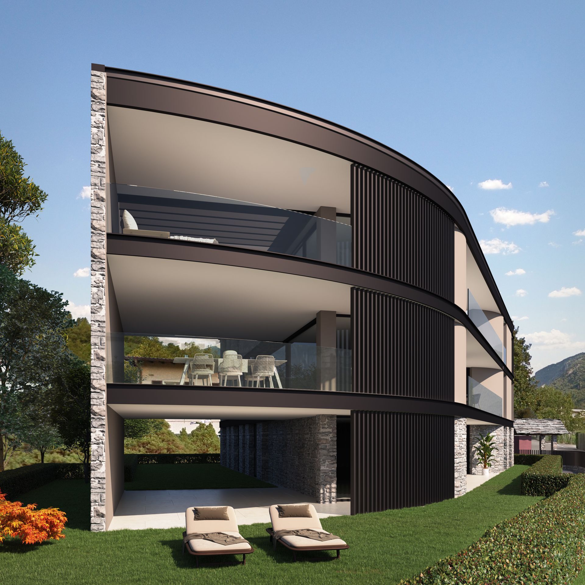 Rappresentazione artistica di una casa moderna con tetto curvo