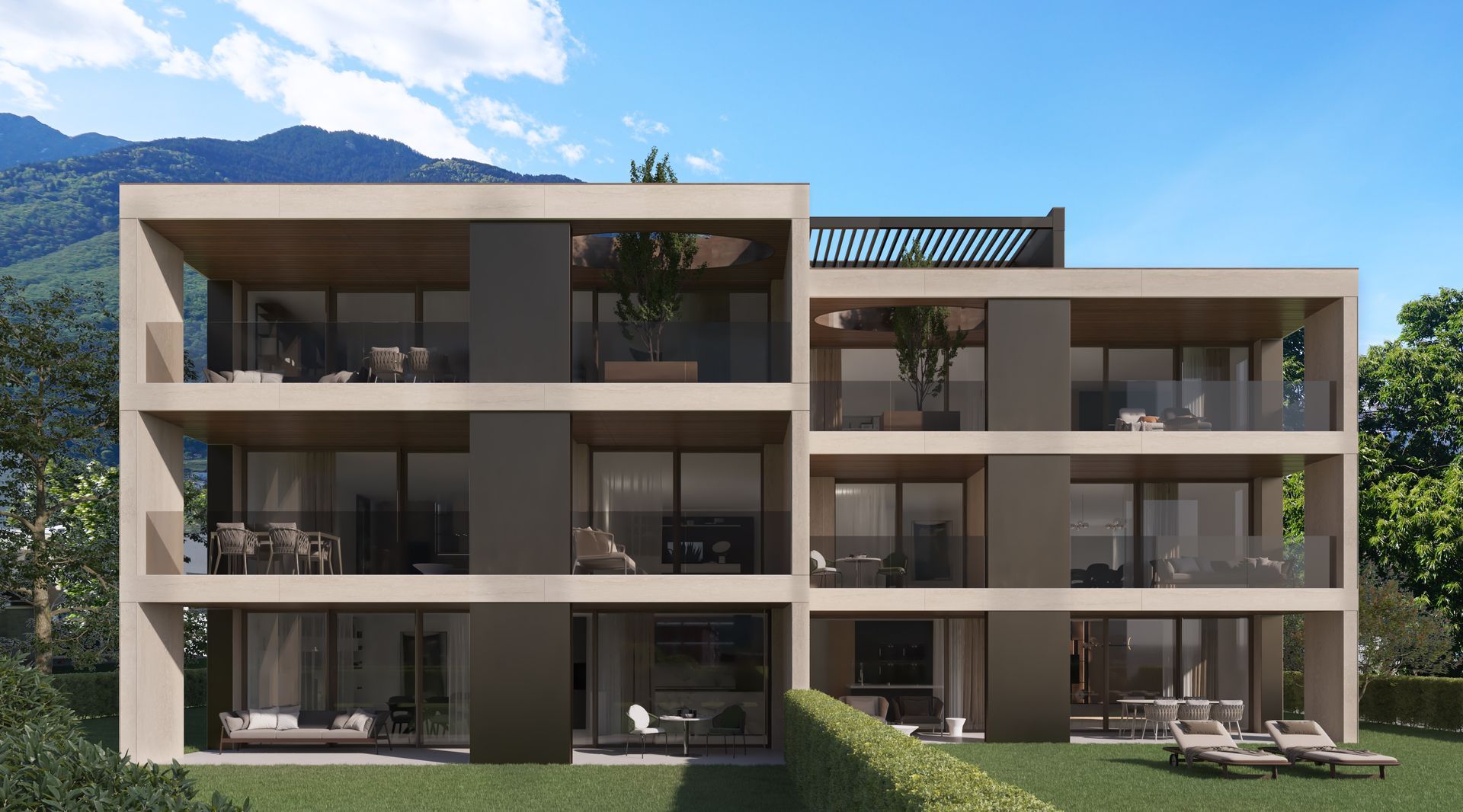 Rendering di un condominio moderno con molte finestre.