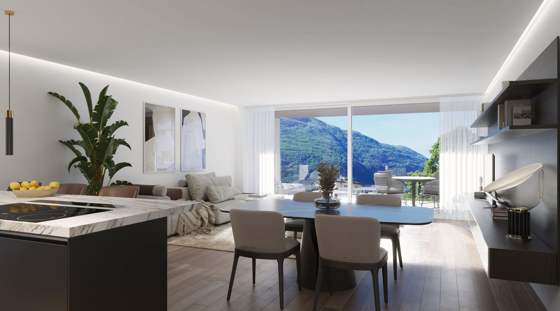 Rendering del soggiorno e della sala da pranzo di una casa con grande finestra.