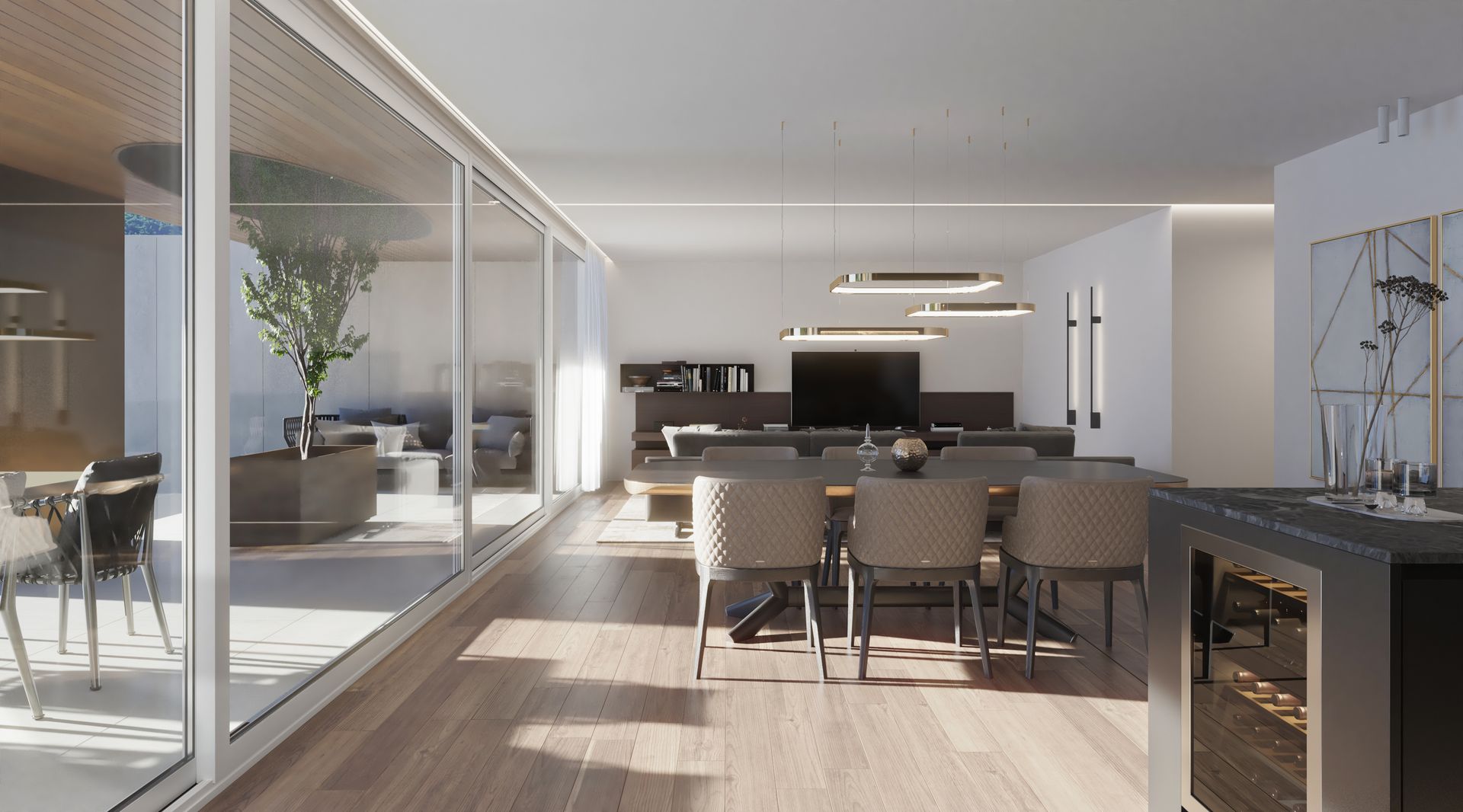 Rendering del soggiorno e della sala da pranzo di una casa con apertura su grande terrazza.