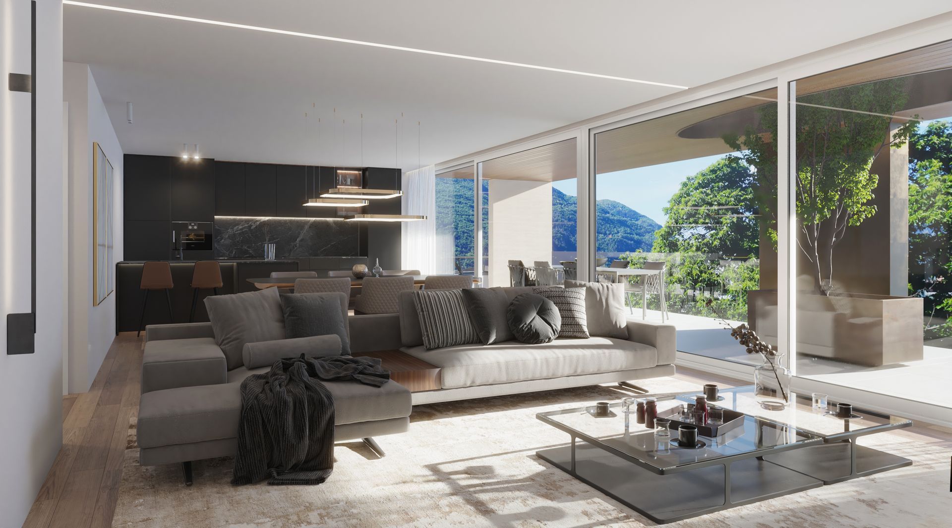 Un soggiorno con divano, sedie e tavolino.