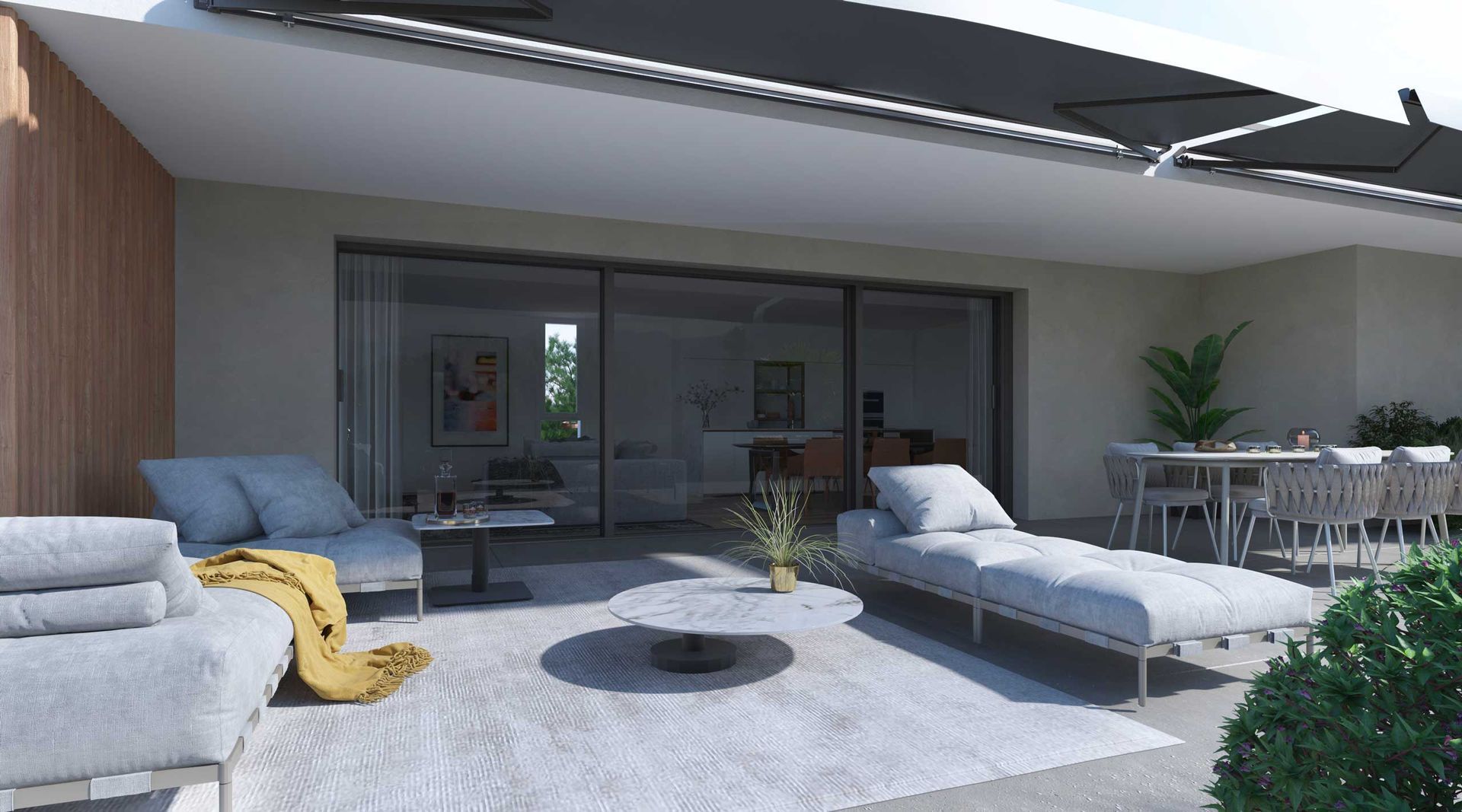 Rendering di una terrazza con mobili e tavolo.