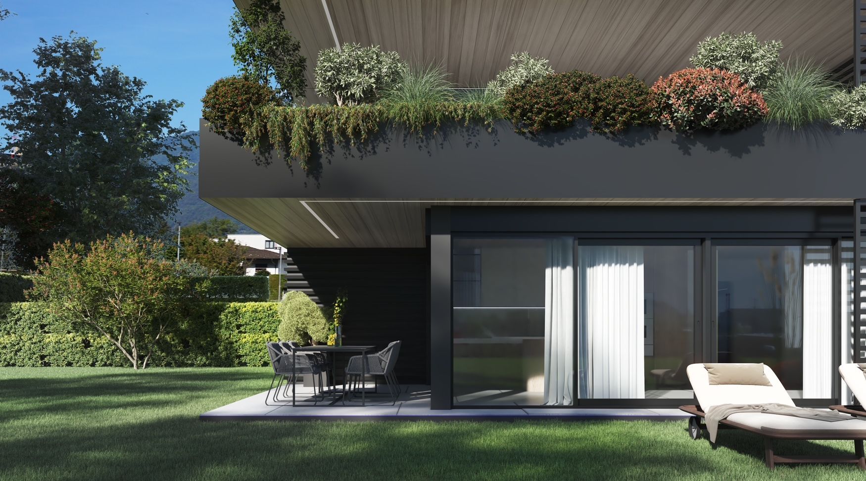 Impressione artistica di una casa con una grande porta scorrevole in vetro