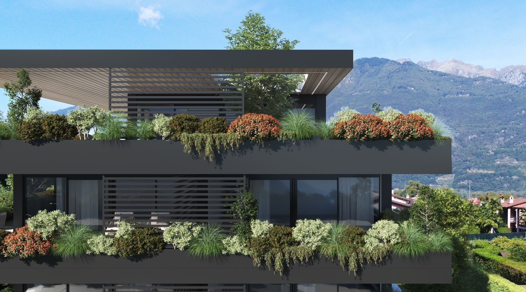 Impressione artistica di un edificio con un balcone pieno di piante