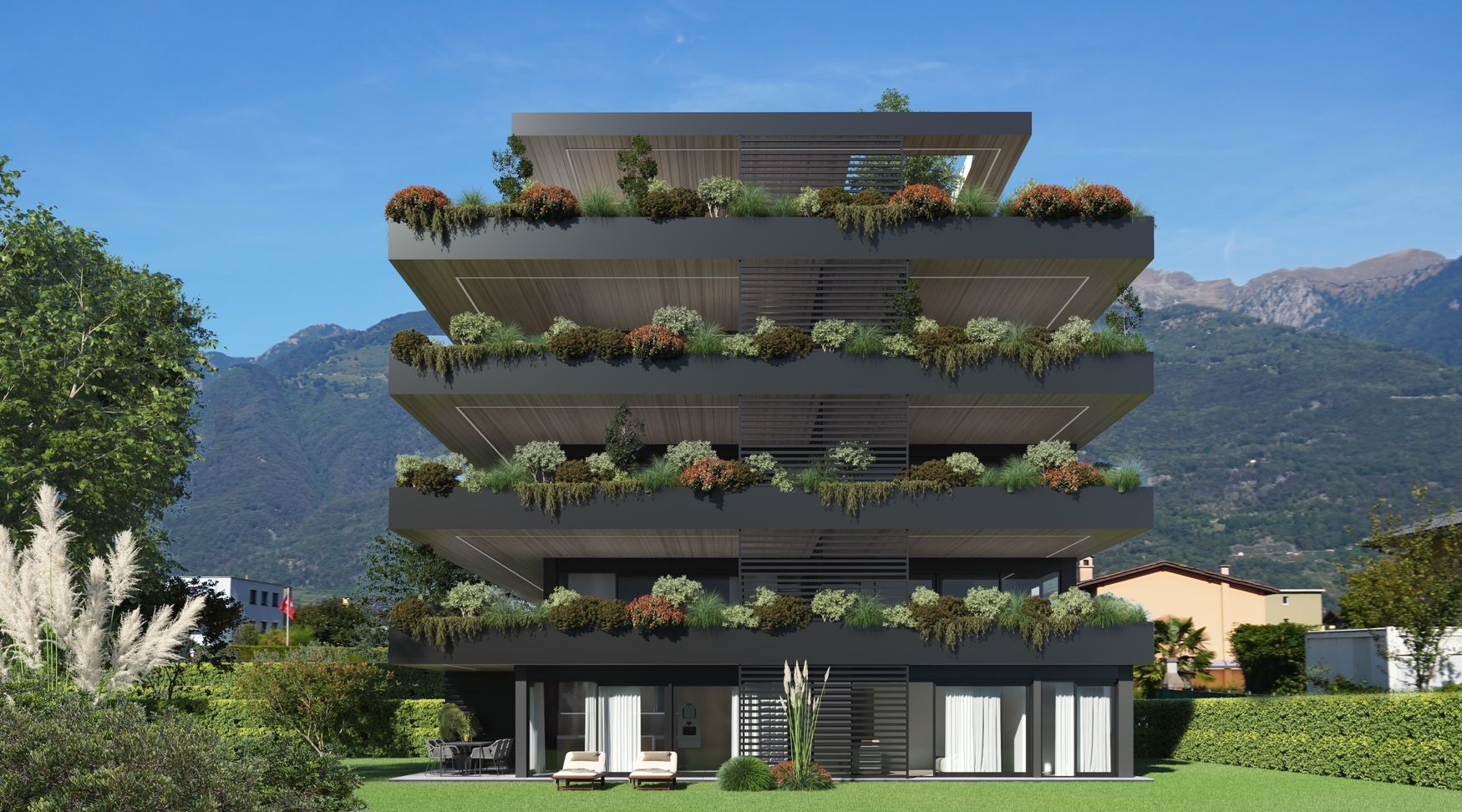 Impressione artistica di un edificio con molti balconi e piante