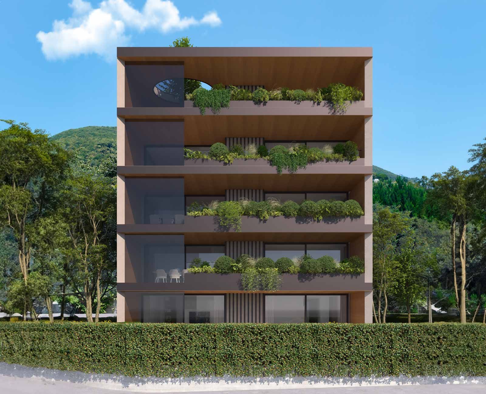 Rendering di un edificio con molte finestre e balconi