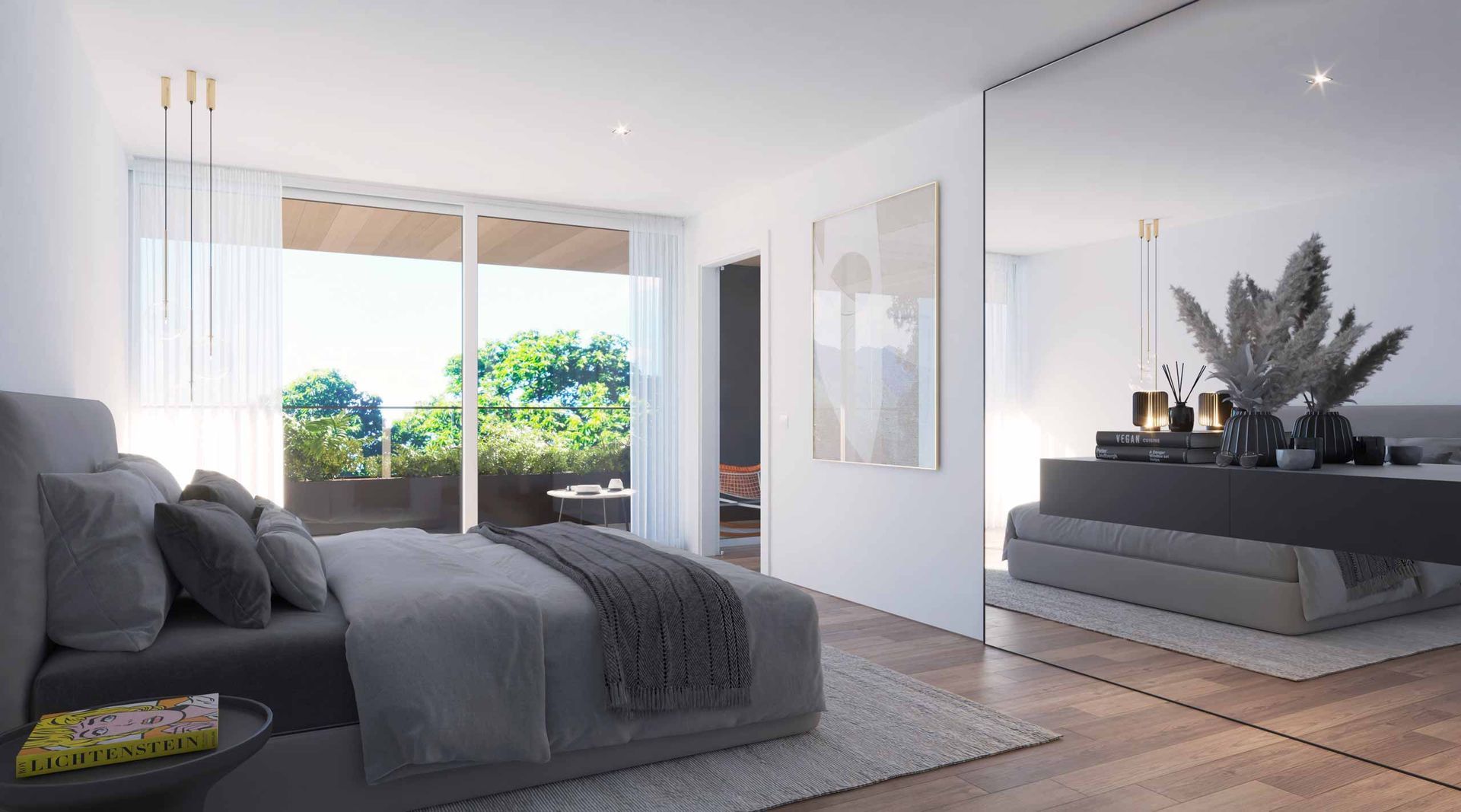 Rendering di una camera da letto con un letto grande e un balcone.