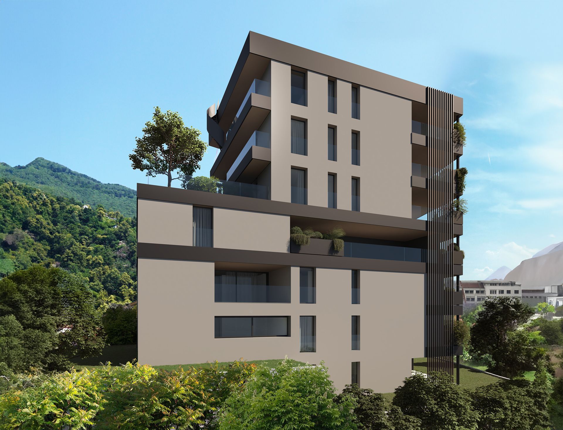 Un grande edificio con molte finestre è circondato da alberi