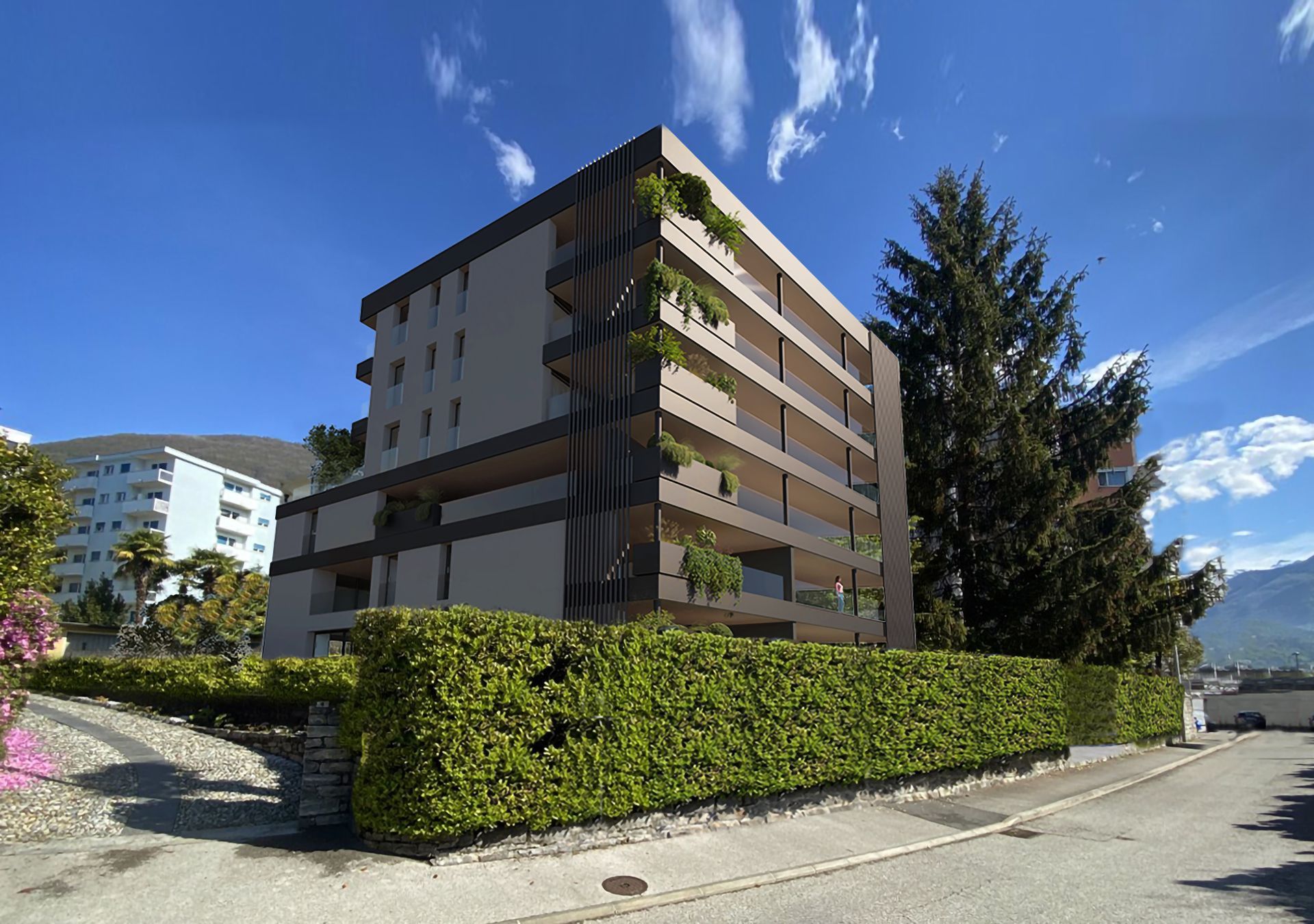 Rendering di un grande condominio con balconi soleggiati