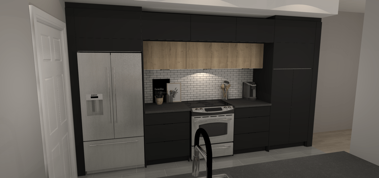 Une cuisine moderne avec des armoires noires, des appareils en acier inoxydable et des accents de bois.