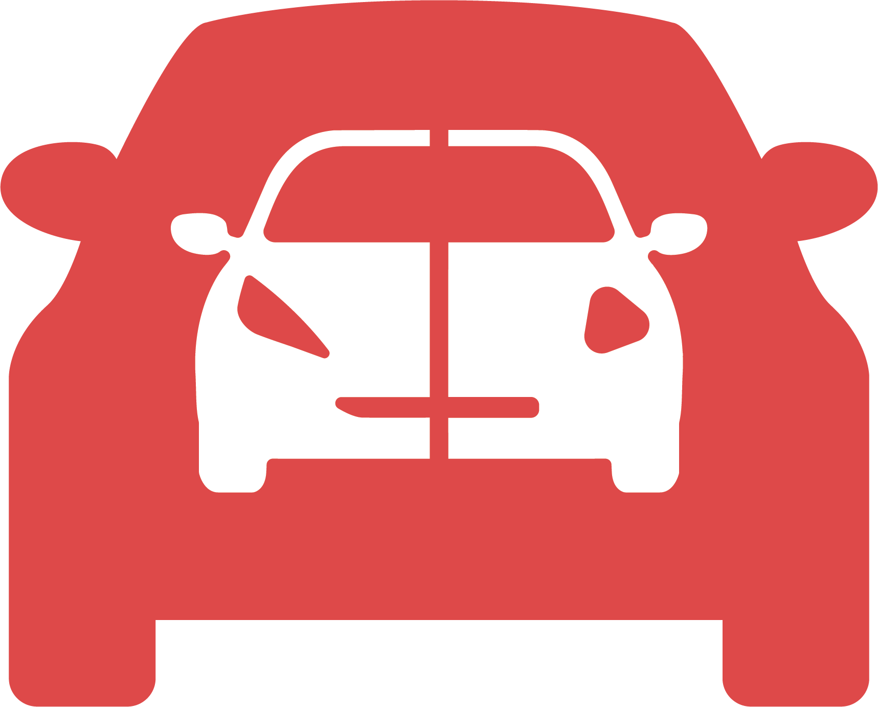 A red and white icon of a car with two doors.