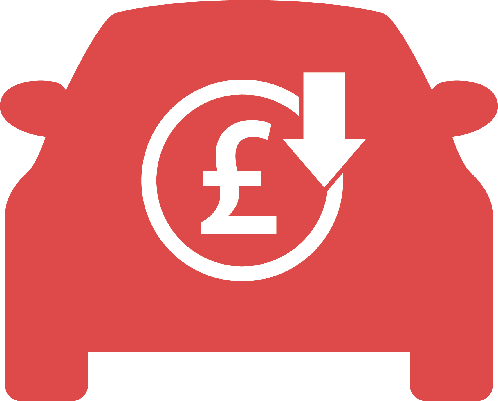 A red car with a white pound sign and an arrow pointing down.