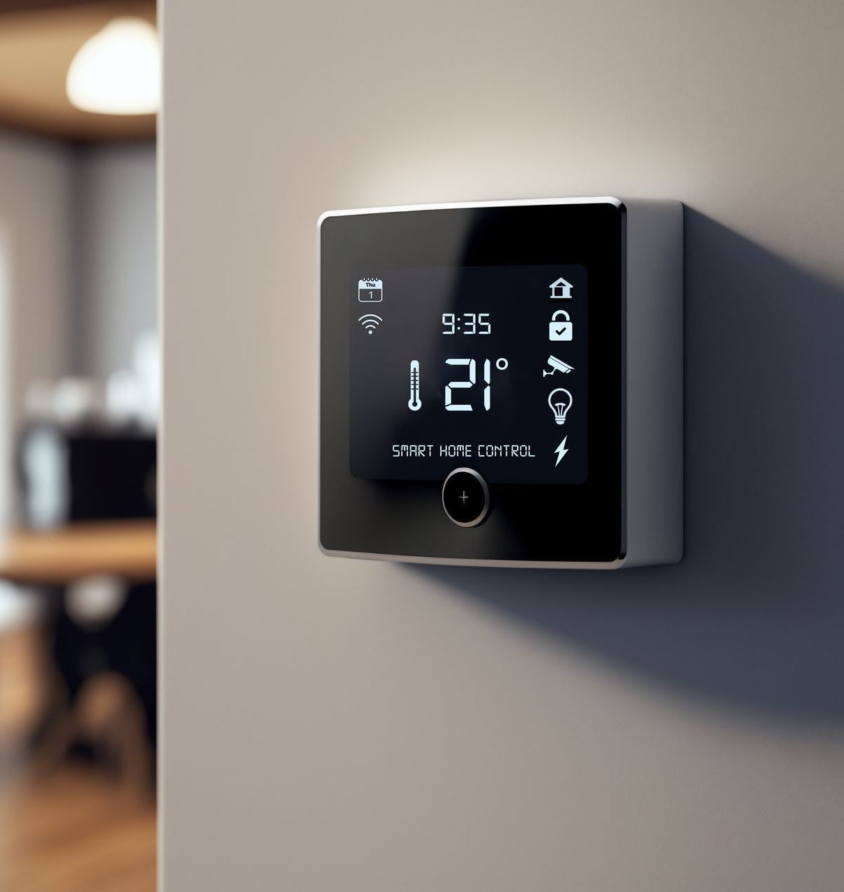 Smart thermostat with digital display showing time, temperature, and home system icons mounted on a wall.