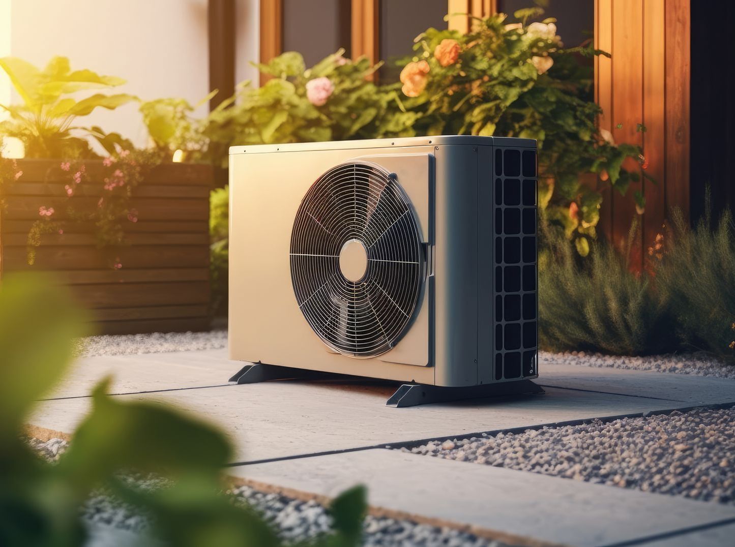 Heat pump on a patio surrounded by greenery, with sunlight.