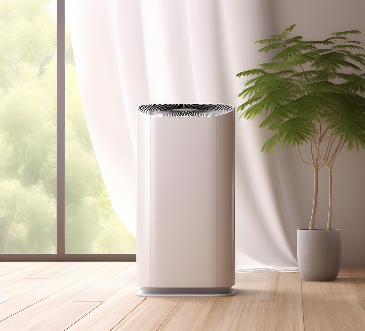 Air purifier next to a plant in a bright room with a window and curtains.