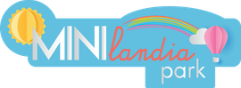 Un logo per Minilandia Park con un arcobaleno e una mongolfiera