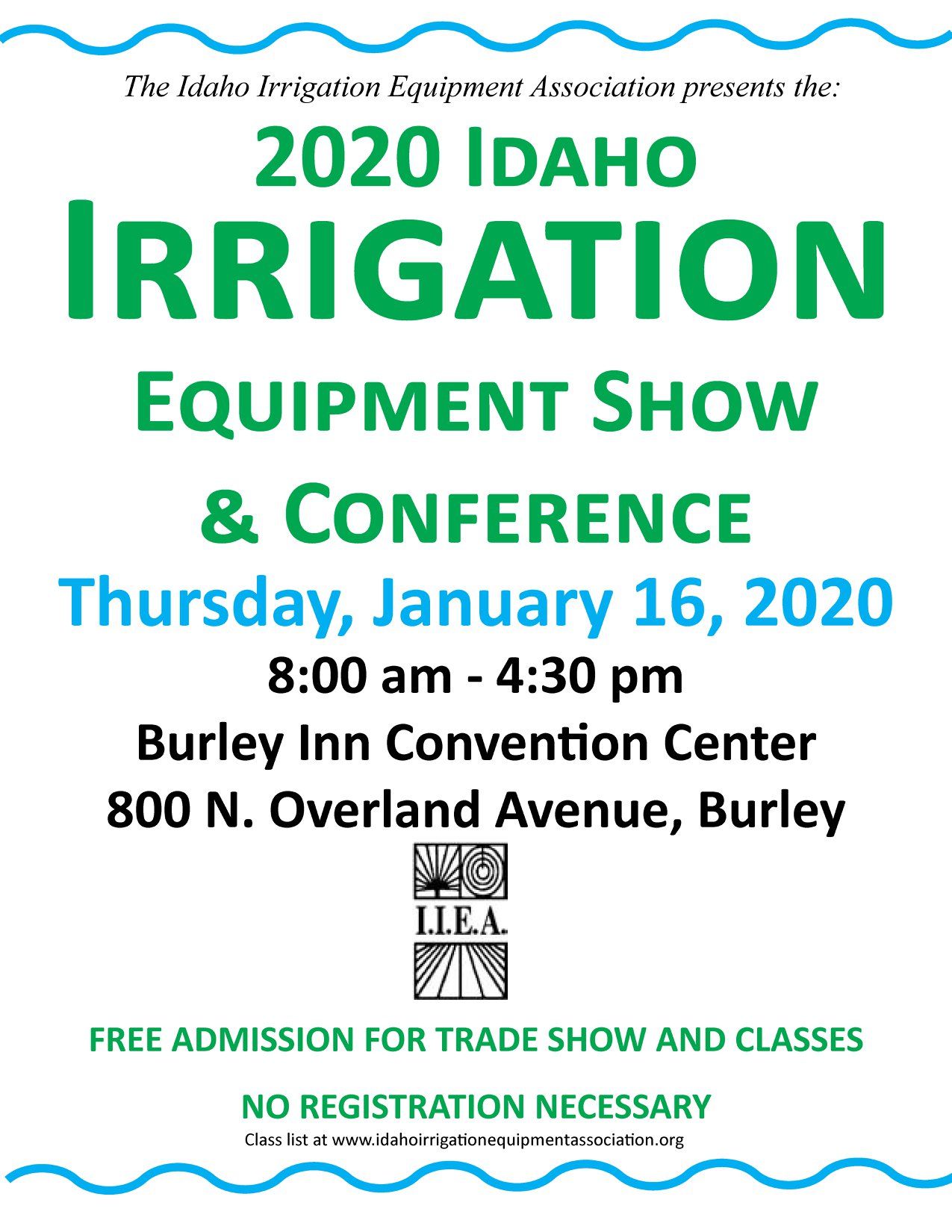 A poster for a 2020 idaho irrigation equipment show and conference
