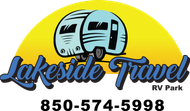 Logo: Two blue RVs, "Lakeside Travel RV Park," phone number 850-574-5998 on a yellow background.