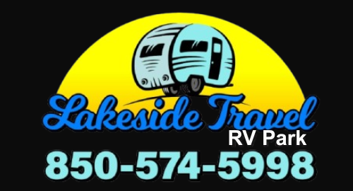 Logo for Lakeside Travel RV Park: two RVs under a yellow arc, blue text and phone number on a black background.