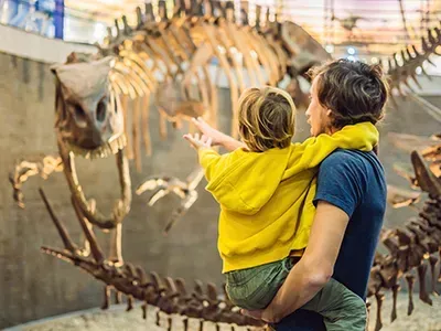 Man holding child, pointing at a dinosaur skeleton in a museum.