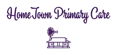 HomeTown Primary Care logo with purple script text and a small clinic building icon