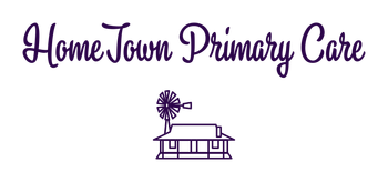 HomeTown Primary Care logo with purple script text and a small clinic building icon