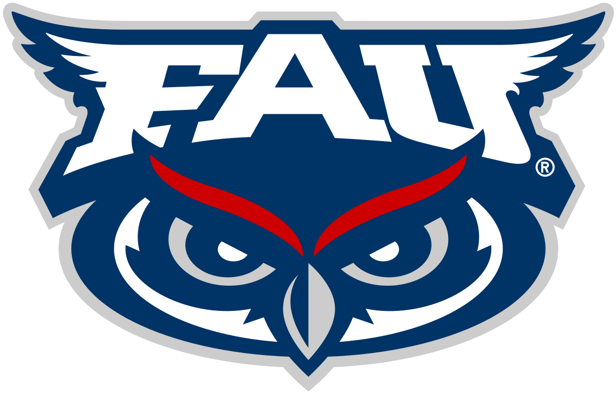 A blue and white logo with an owl and the word fau