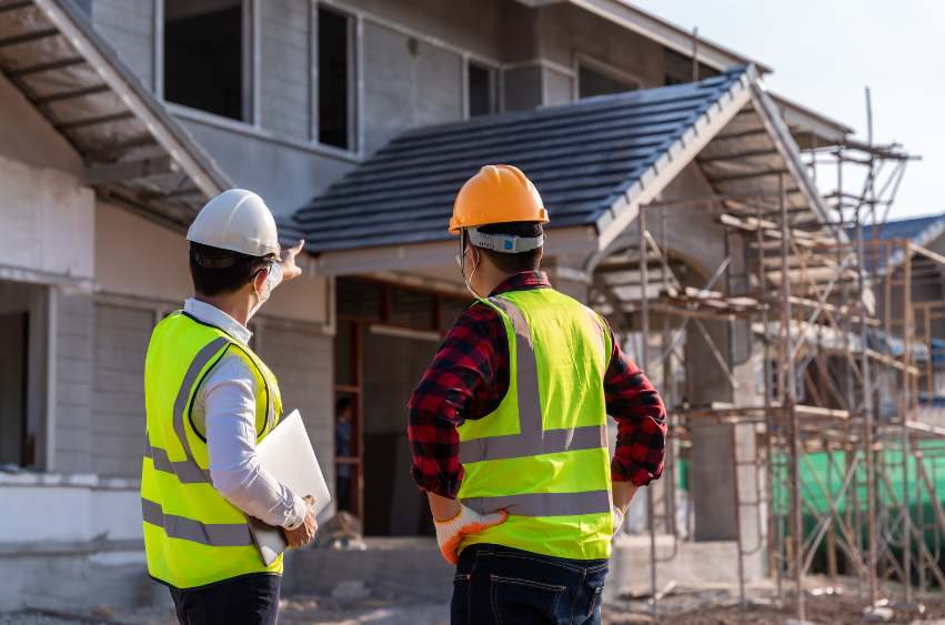 Two construction workers are standing in front of a house under construction.