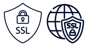 A logo for secure ssl encryption with a check mark on a shield.