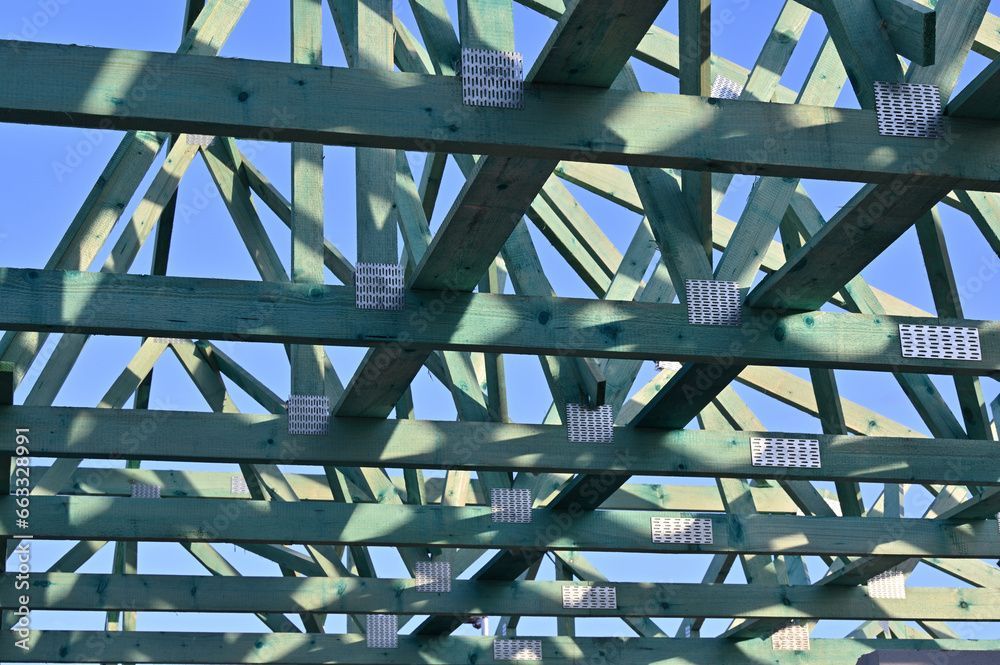 Wooden roof trusses with metal connectors, painted green, against a blue sky.