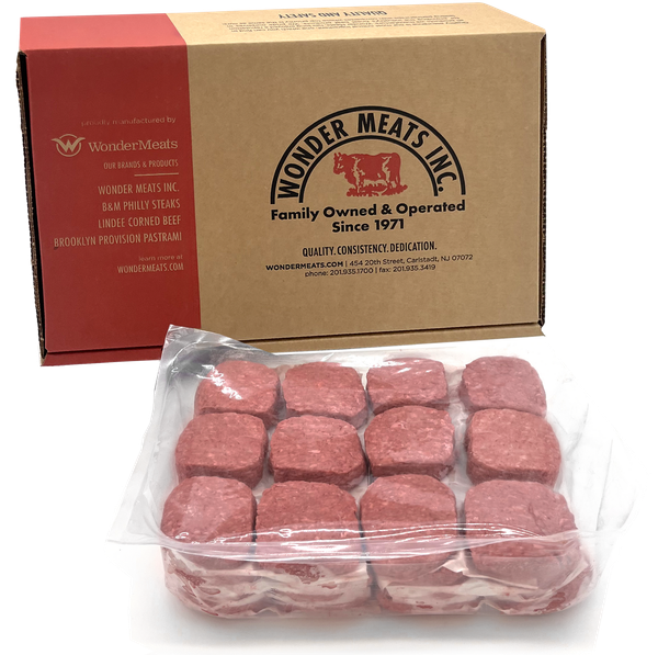 Box of Wonder Meats Inc. burger patties, alongside a tray of patties wrapped in plastic.
