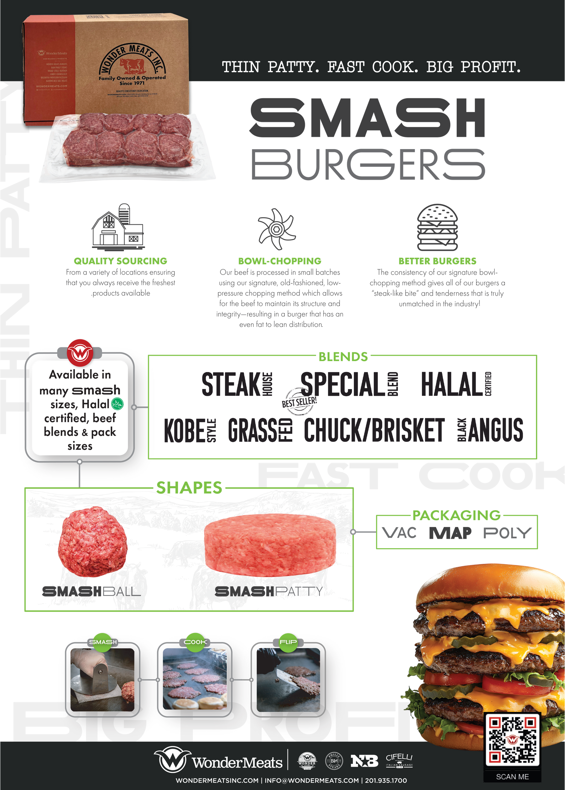 Advertisement for Smash Burgers: various meat types, patty shapes, and packaging options.
