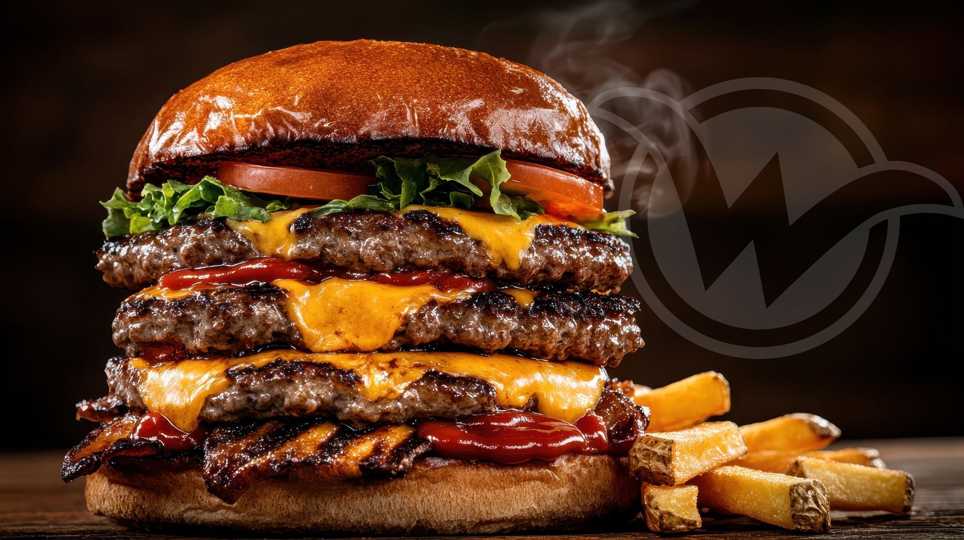 Triple-decker cheeseburger with fries on a wooden table. The burger has three patties, cheese, tomato, and lettuce.