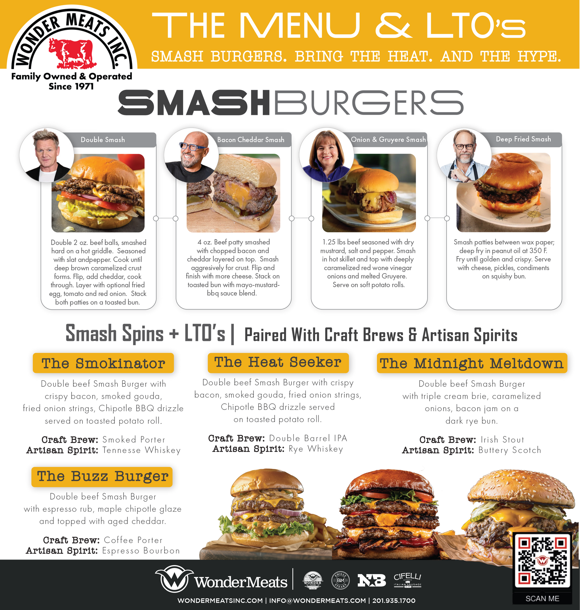 Menu for Wonder Meats, Inc. featuring smash burgers and LTOs. Includes photos of burgers and people.