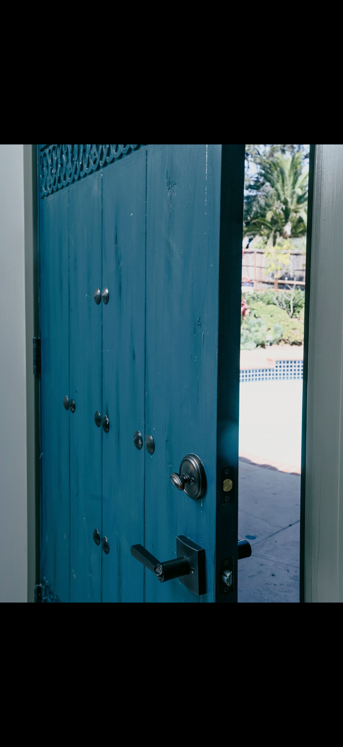 Blue door ajar, revealing a view of greenery, a bright day.