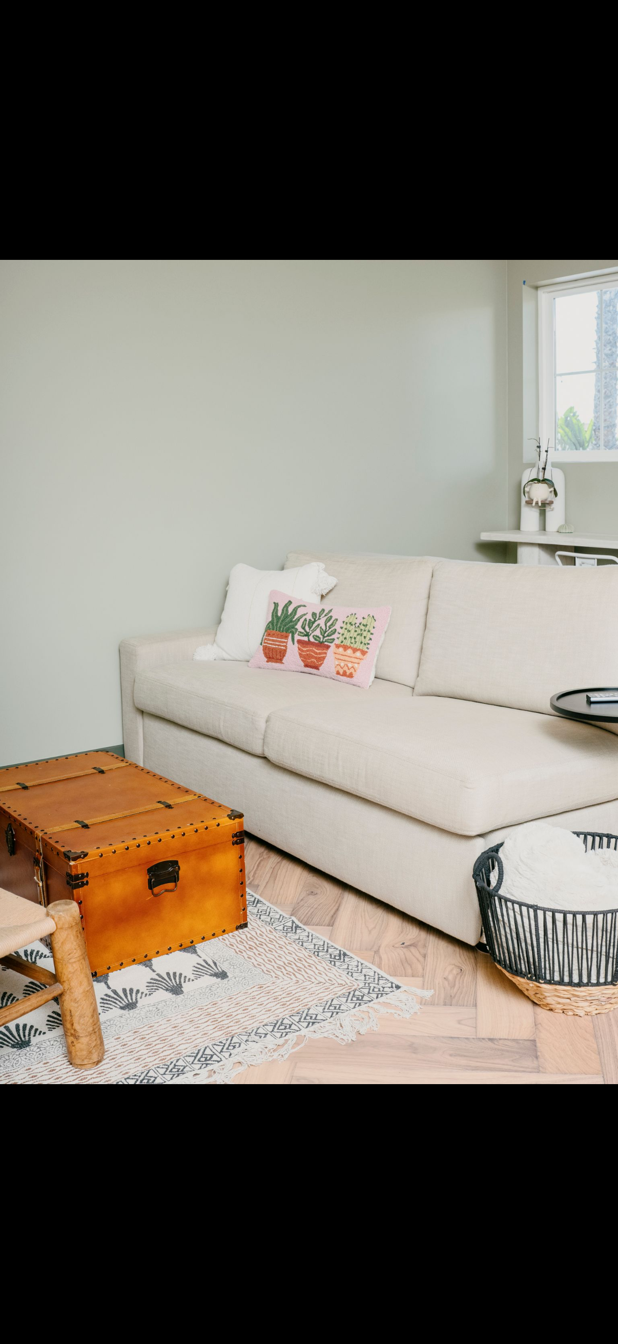 Cozy living room with a cream-colored sofa, wooden chest, patterned rug, and light green walls.