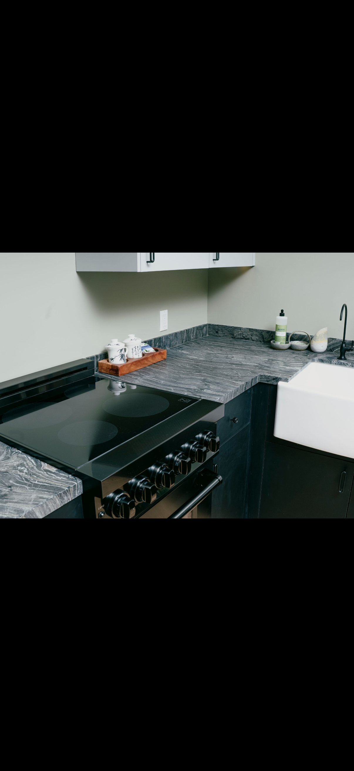 Kitchen counter with stovetop, sink, and decorative items.