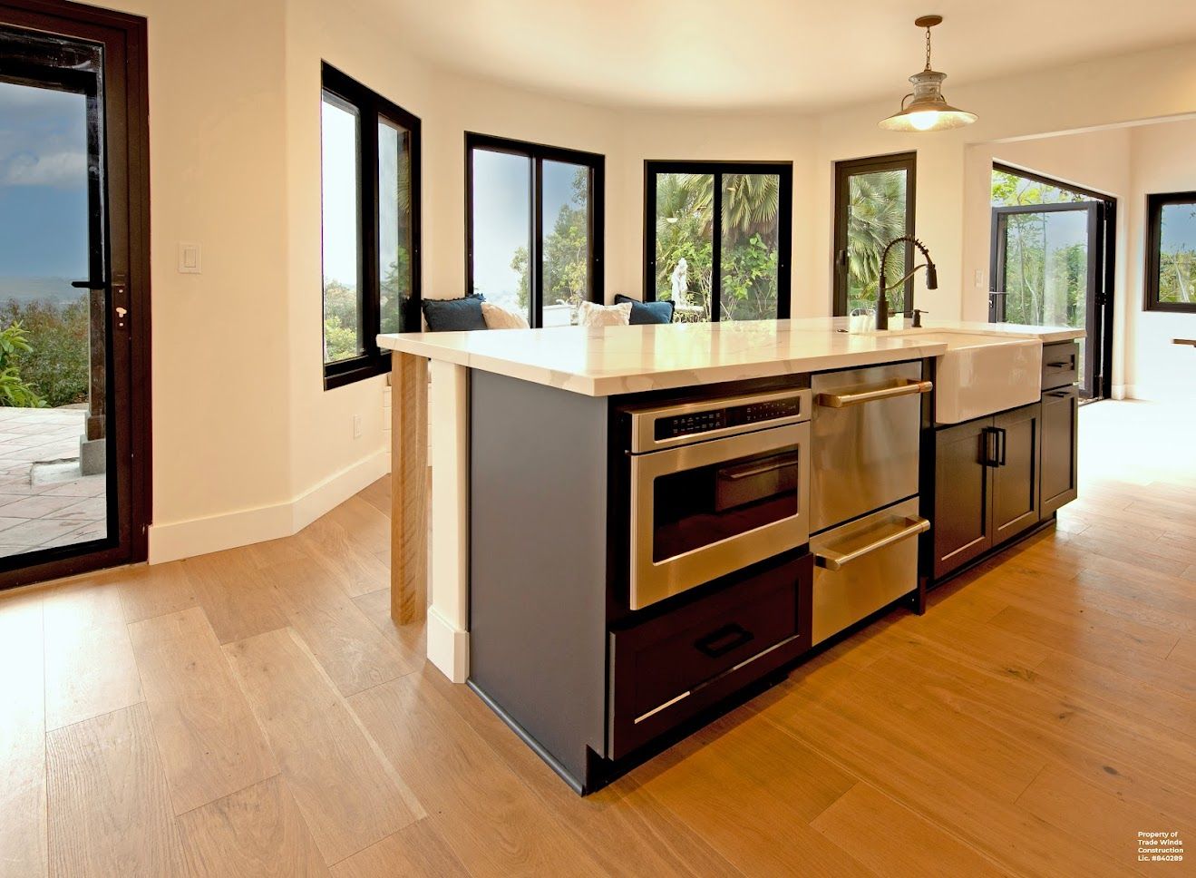 Modern kitchen with island, stainless steel appliances, dark cabinets, light wood floors, and large windows.
