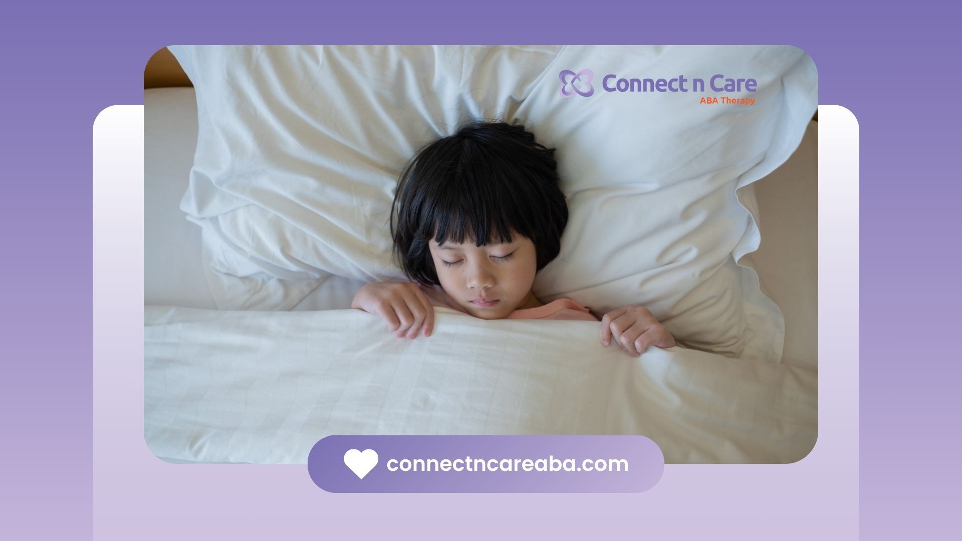 An autistic girl is laying on a bed with white sheets.