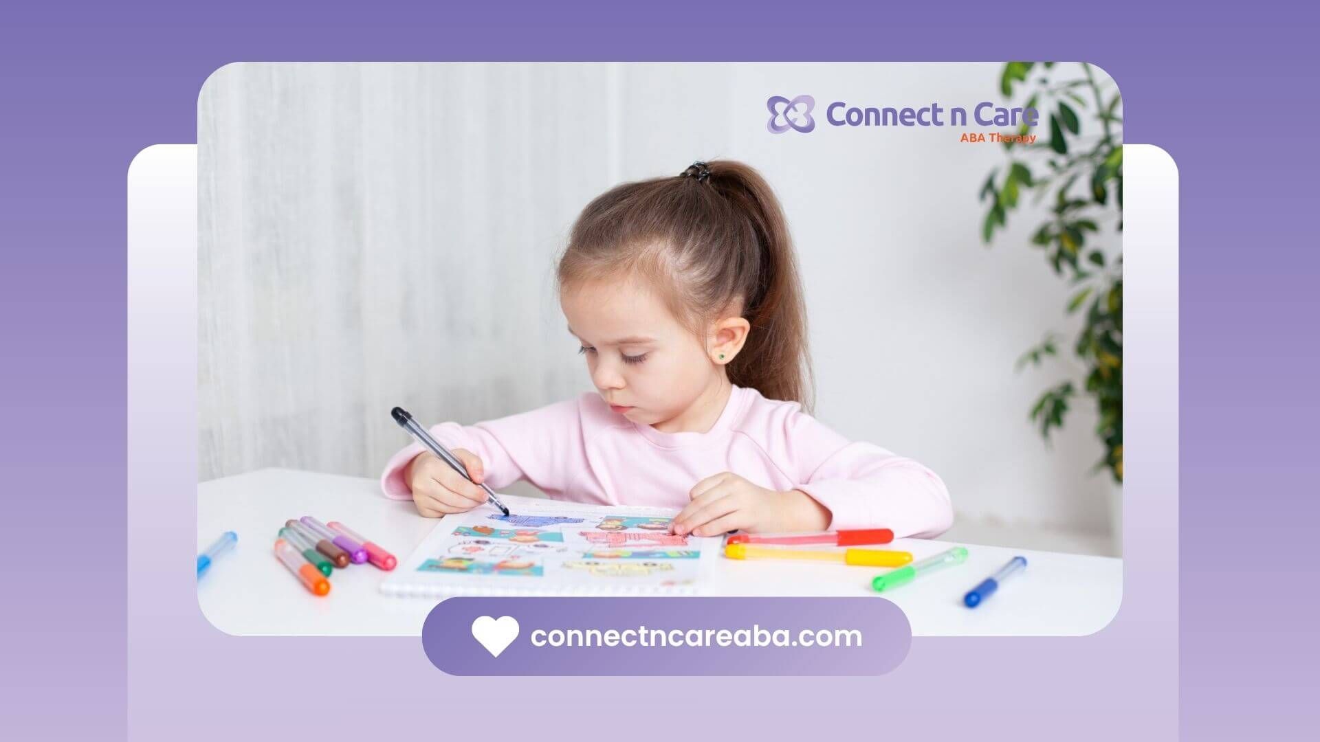 A young girl with autism drawing in a coloring book during ABA therapy.
