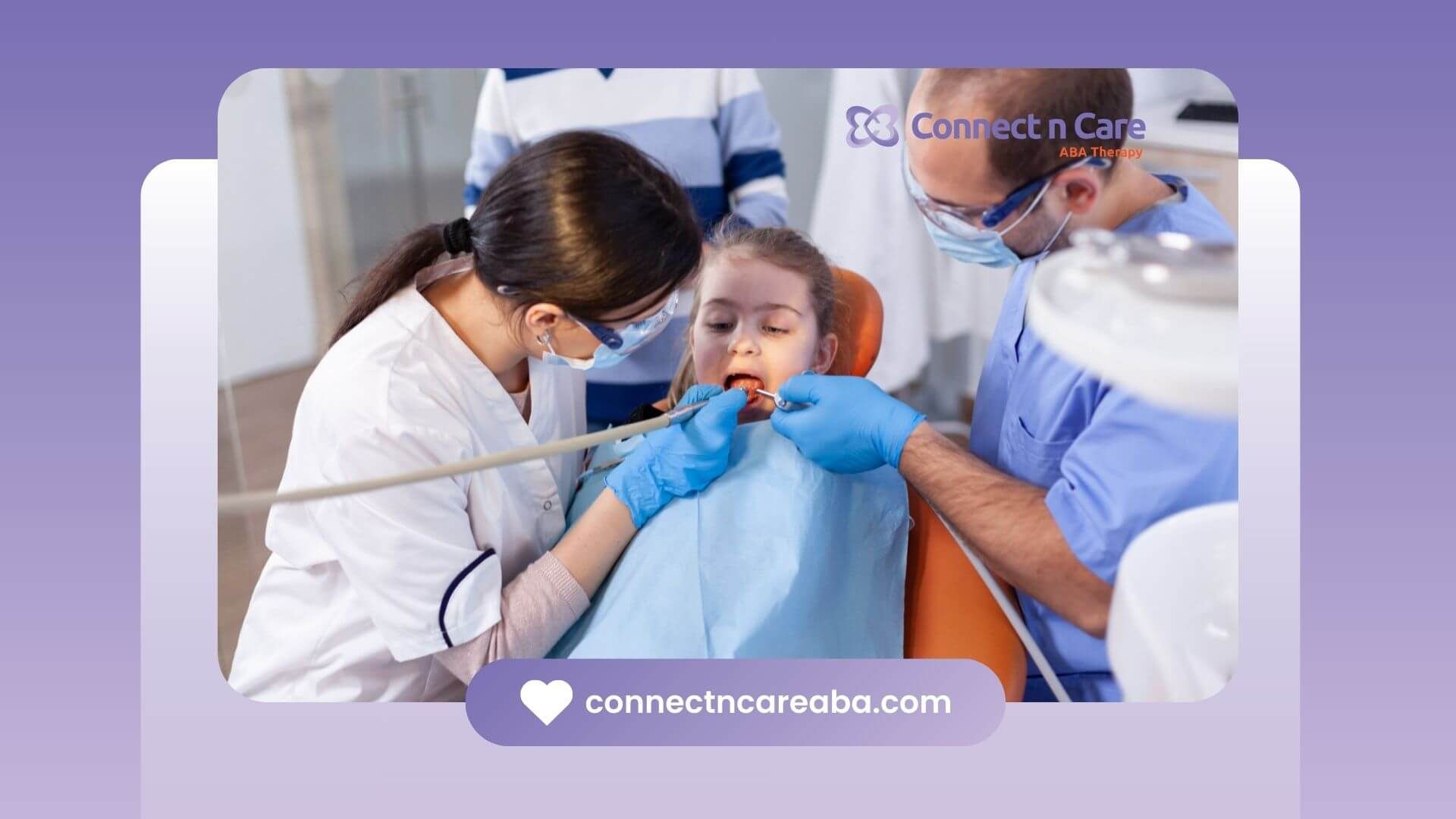 A child with autism receives a dental checkup from two dentists.